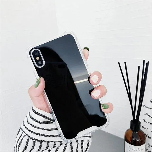 Mirror finish TPU protective case shown on iPhone with colour options displayed.