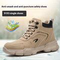 Brown leather labour protection shoes with anti-smashing and puncture-resistant features on rubber soles