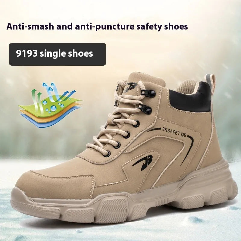 Brown leather labour protection shoes with anti-smashing and puncture-resistant features on rubber soles
