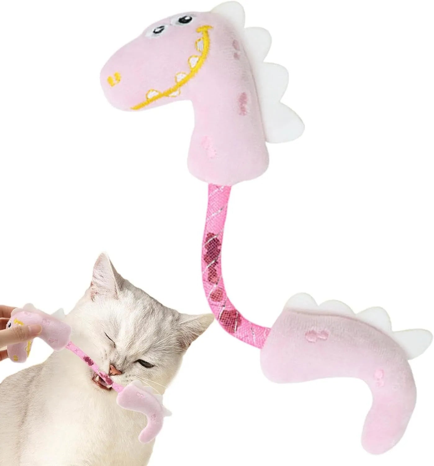 Bundle of four cat toys including chew toys, rope toys, springs and kicker toys in pink, purple and yellow colours
