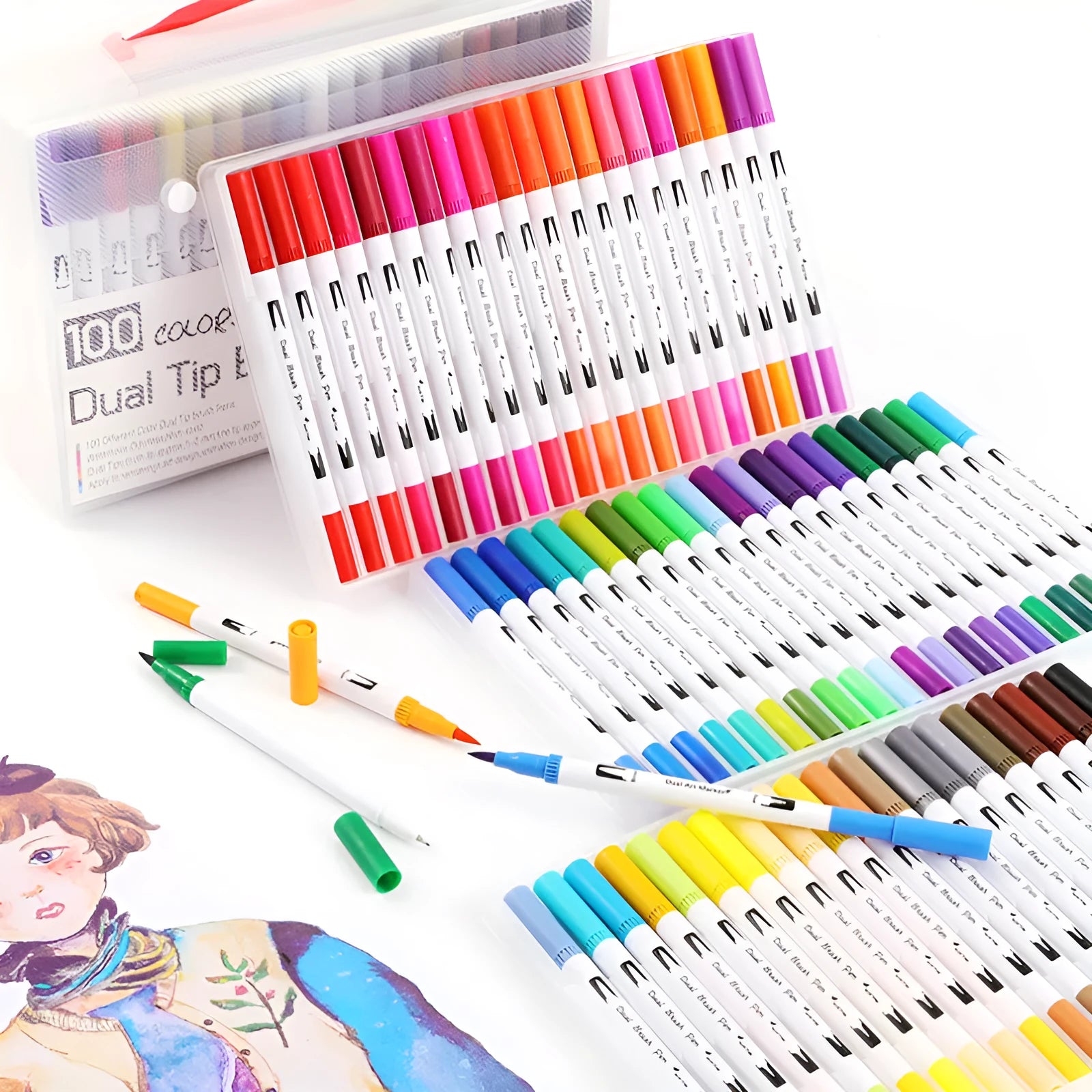 Set of watercolour pens with plastic barrels in various colours arranged by colour count options