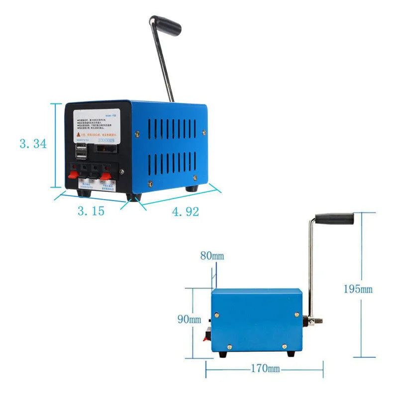 Blue metal hand crank emergency USB power generator with voltage selector and non-slip base