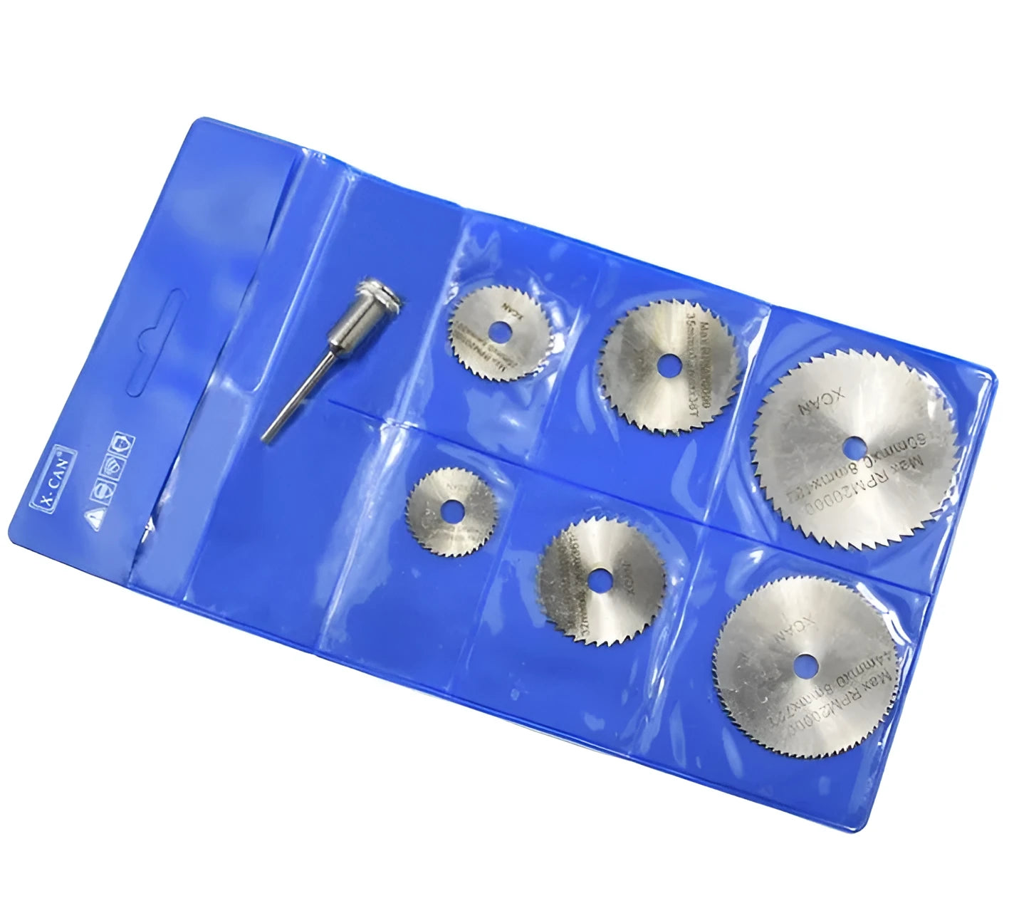 Set of 6-7 circular saw blades with mandrel for woodworking cutting tasks