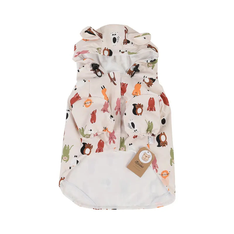 Beige dog raincoat with cartoon animal design in waterproof PU material