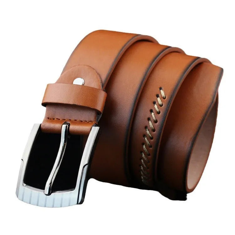 Men's black threading pattern casual belt with an alloy pin buckle, shown at 110cm length.