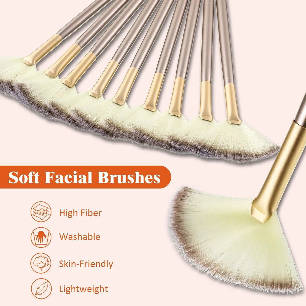 10 professional facial fan brushes with champagne-coloured acrylic handles and protective covers