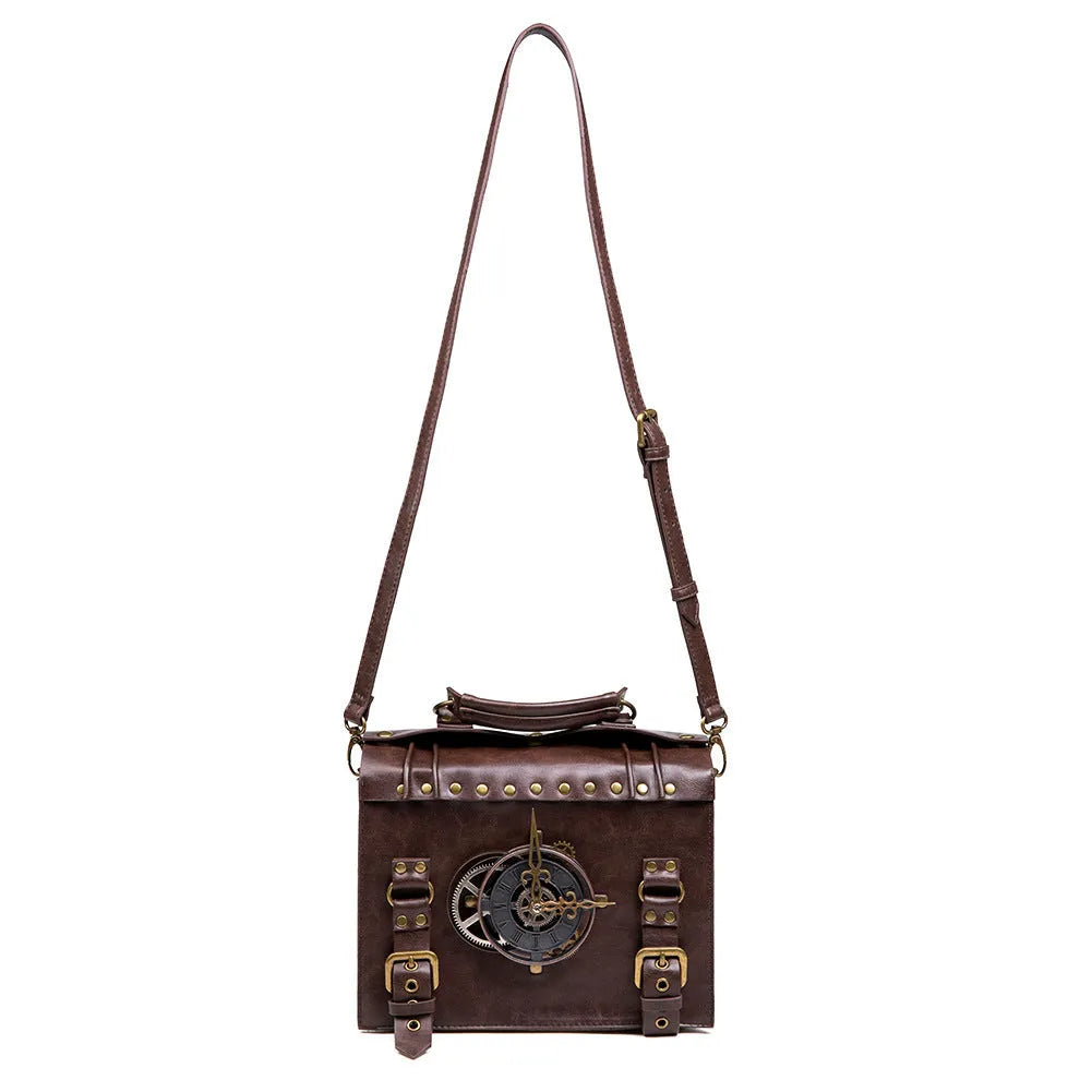 Bronze steampunk retro pillow shoulder bag with square shape and metal hardware.