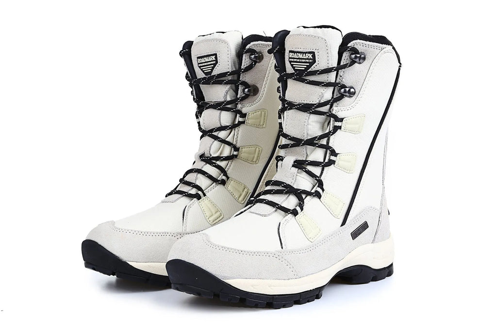 Women's genuine leather thermal snow boots in black, mid-calf length with rubber sole