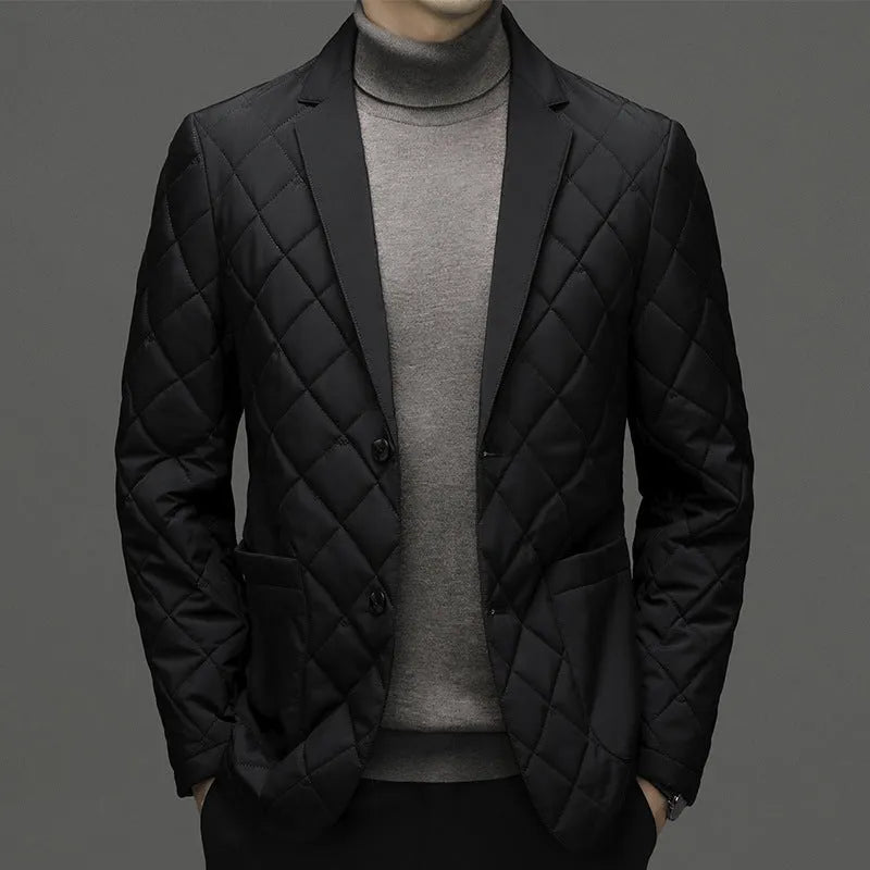 Men's thick lapel down jacket with side seam pockets in black, dark grey or shrimp blue