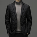Men's thick lapel down jacket with side seam pockets in black, dark grey or shrimp blue