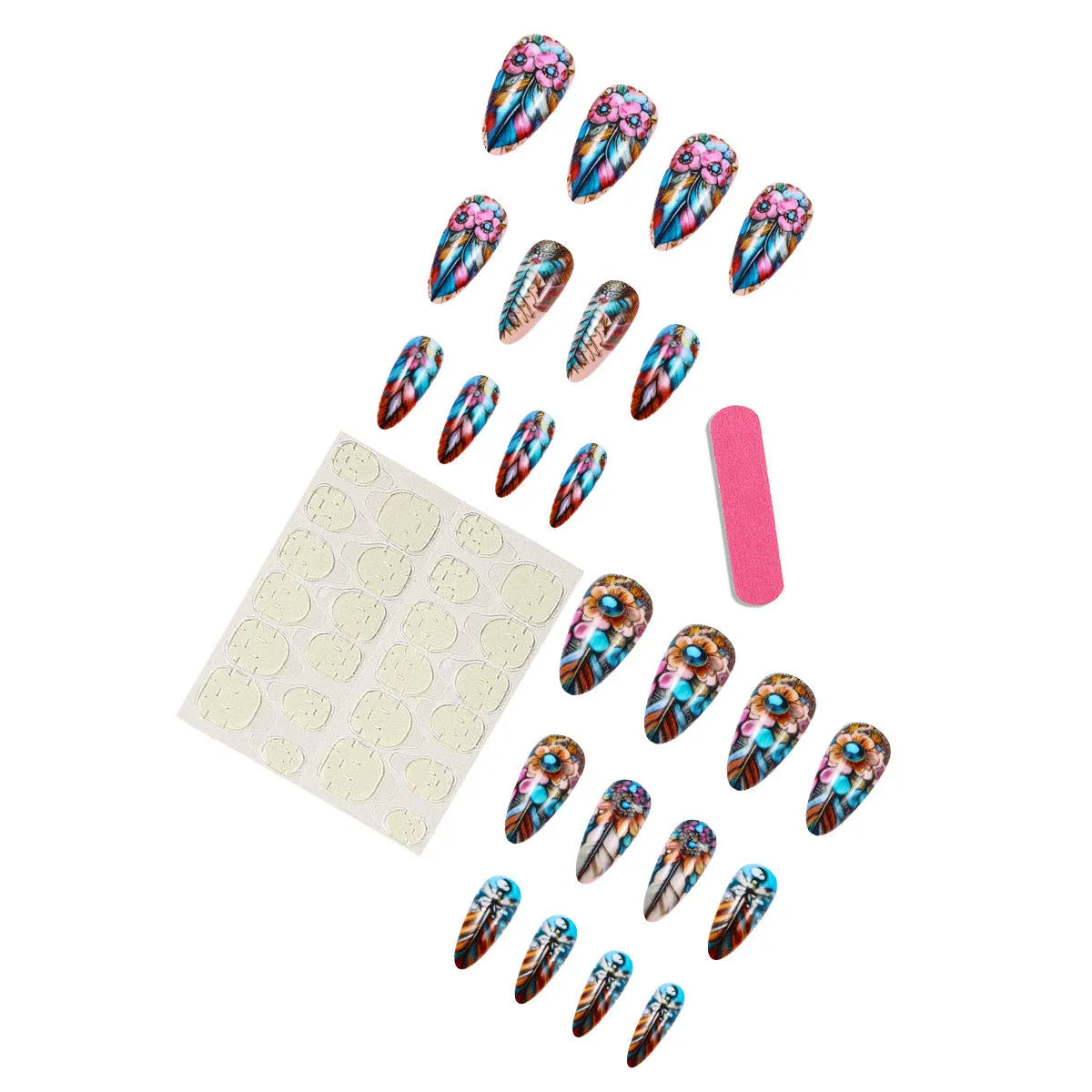 Retro style colourful feather armour nail art set with plastic cartoon, flower, and love heart decorations.