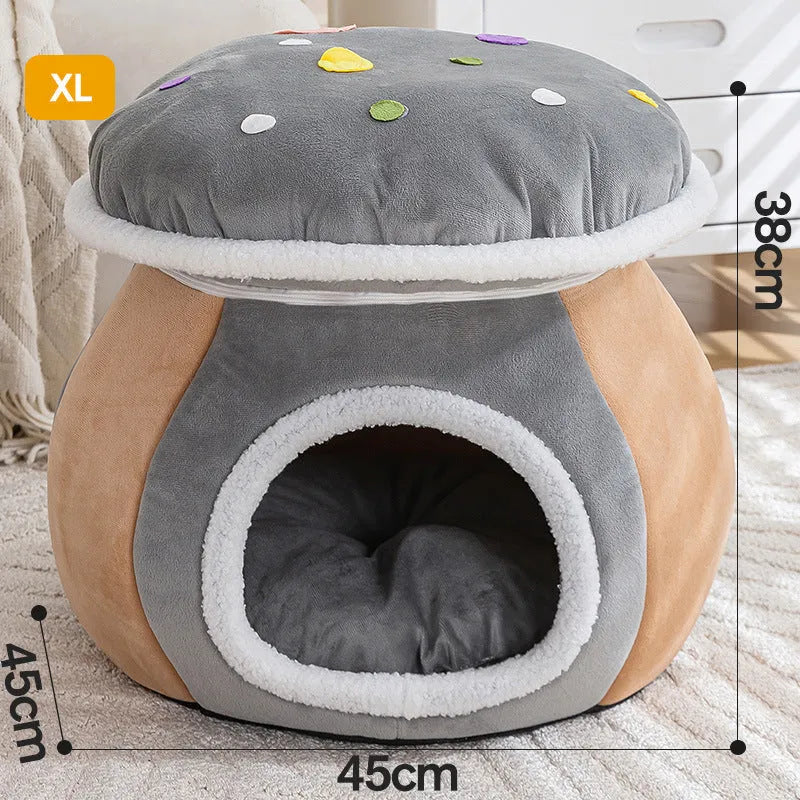 Mushroom-shaped cat nest with detachable thermal blanket in rabbit plush material