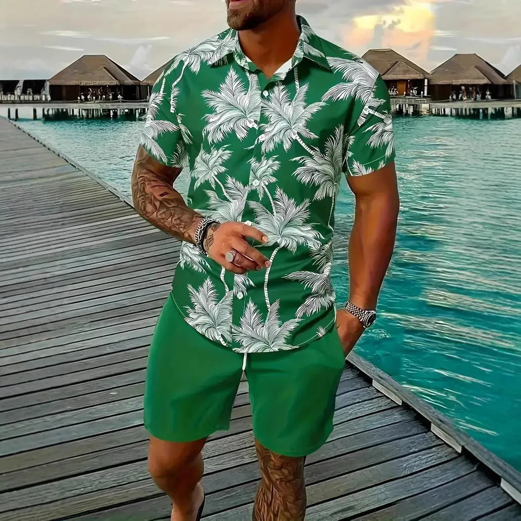 Man wearing a blue Hawaiian 3D printed short sleeve top and matching shorts leisure suit set.