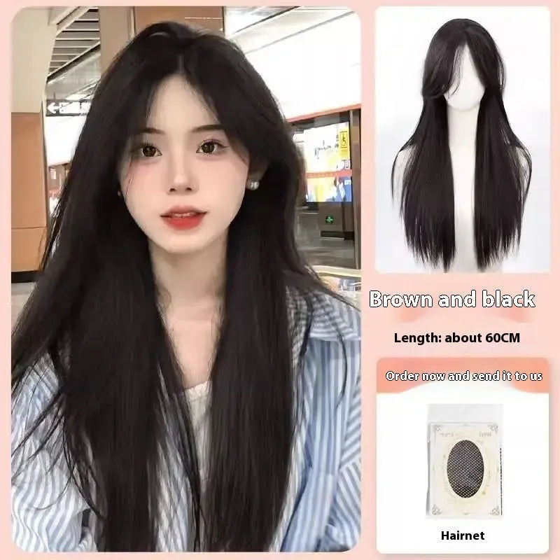 Full-head lace front wig with mid-length straight black hair displayed with styling accessories
