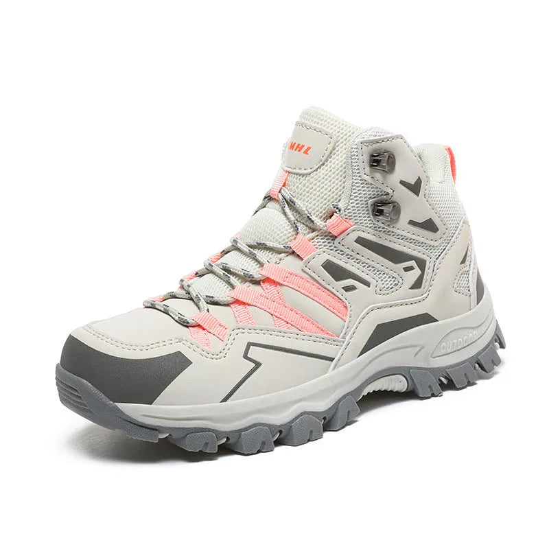 High-top hiking shoes with flannel upper and rubber soles in various colours for outdoor walking