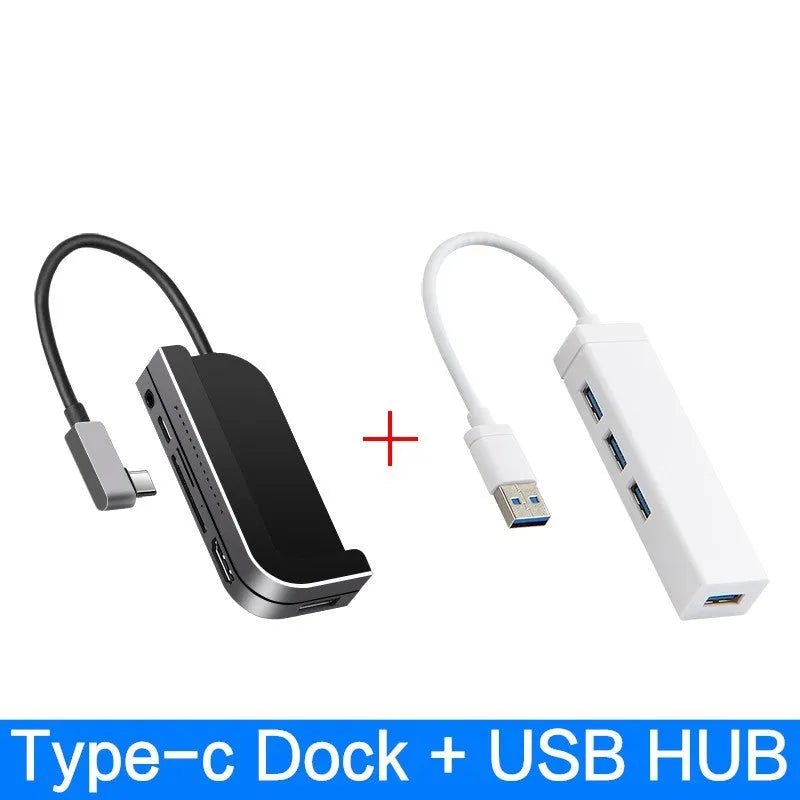 Silver aluminium grey 6-in-1 USB-C docking station for iPad Pro, shown next to a tablet.