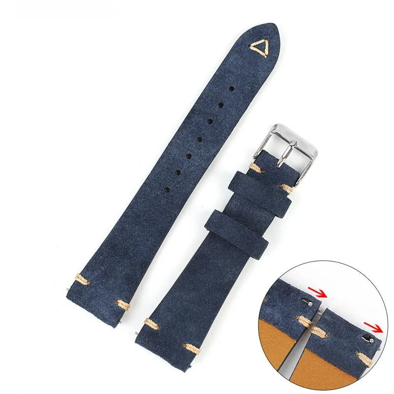 Brown suede genuine leather watch strap with ethnic style design, shown in 20mm width