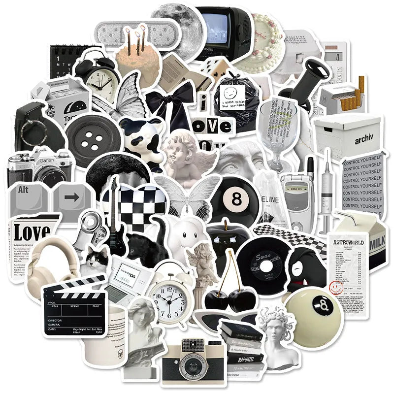 Black and white sticker set with 61 pieces, PVC waterproof material for laptops and cups