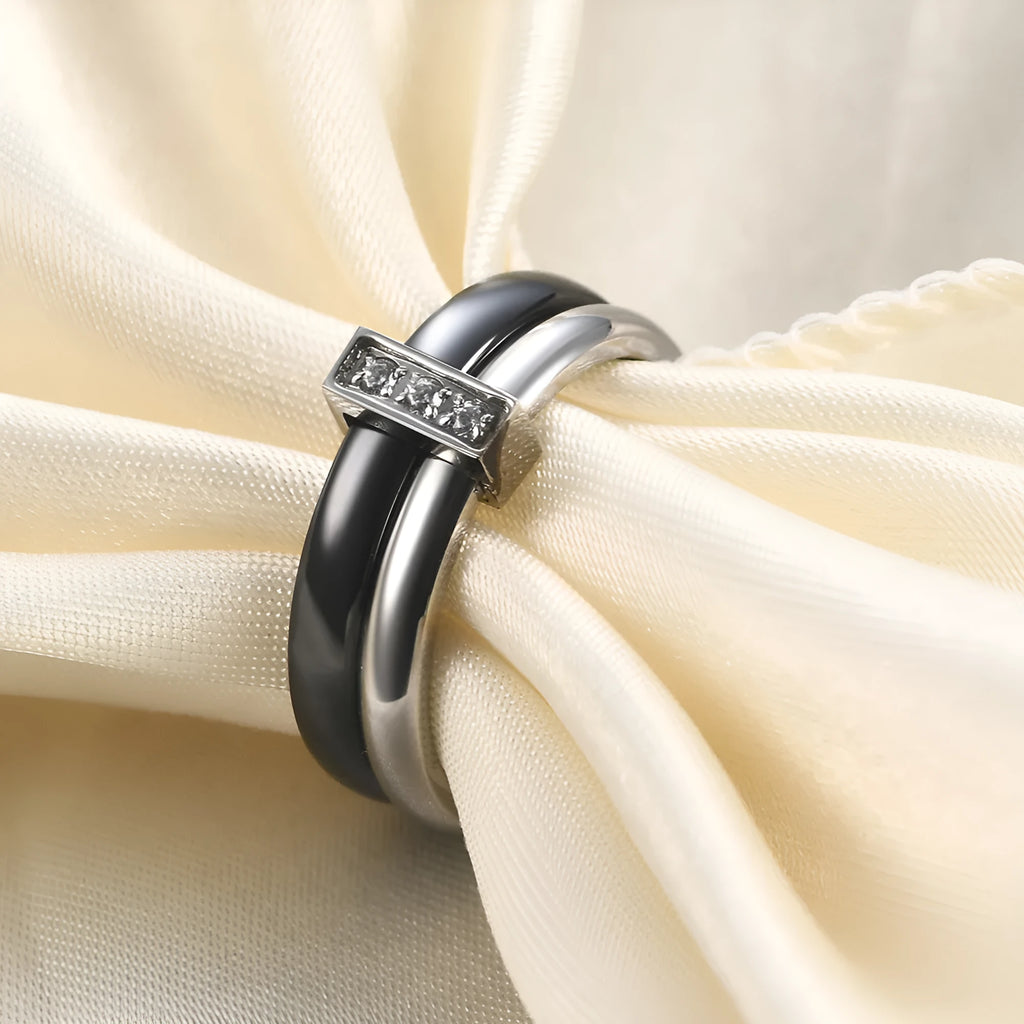 Geometric ceramic women's ring with glossy stitching and zirconium inlay in Steel Black finish