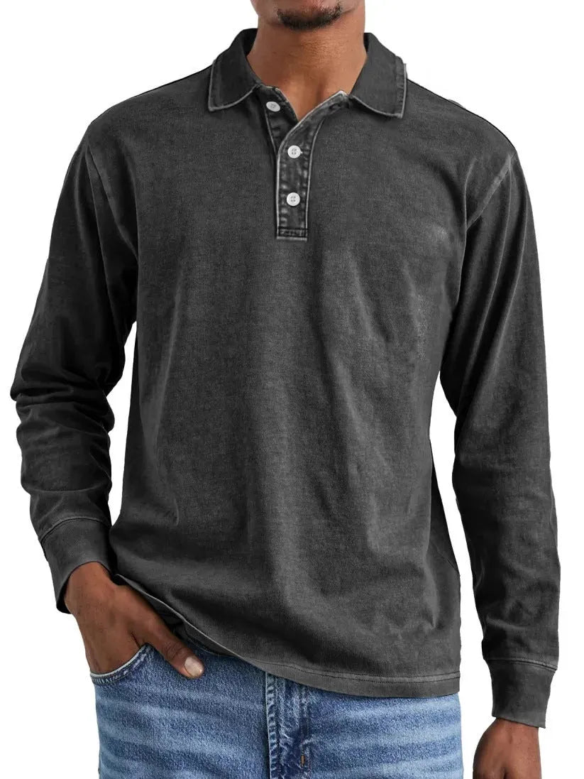 Retro washed distressed pure cotton lapel long sleeve polo shirt shown in Army Green.