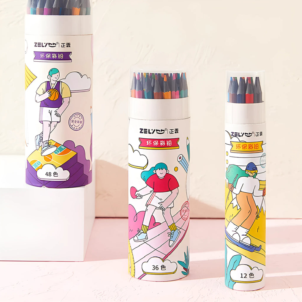 Zhenglin Sports Series colour pencil set with barrel design showing multiple pencil colours