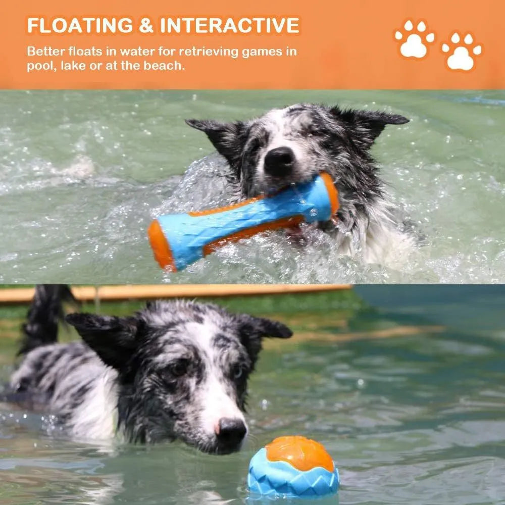 Set of three dog toys: a red ball, a blue barbell, and an orange tyre, floating in water.