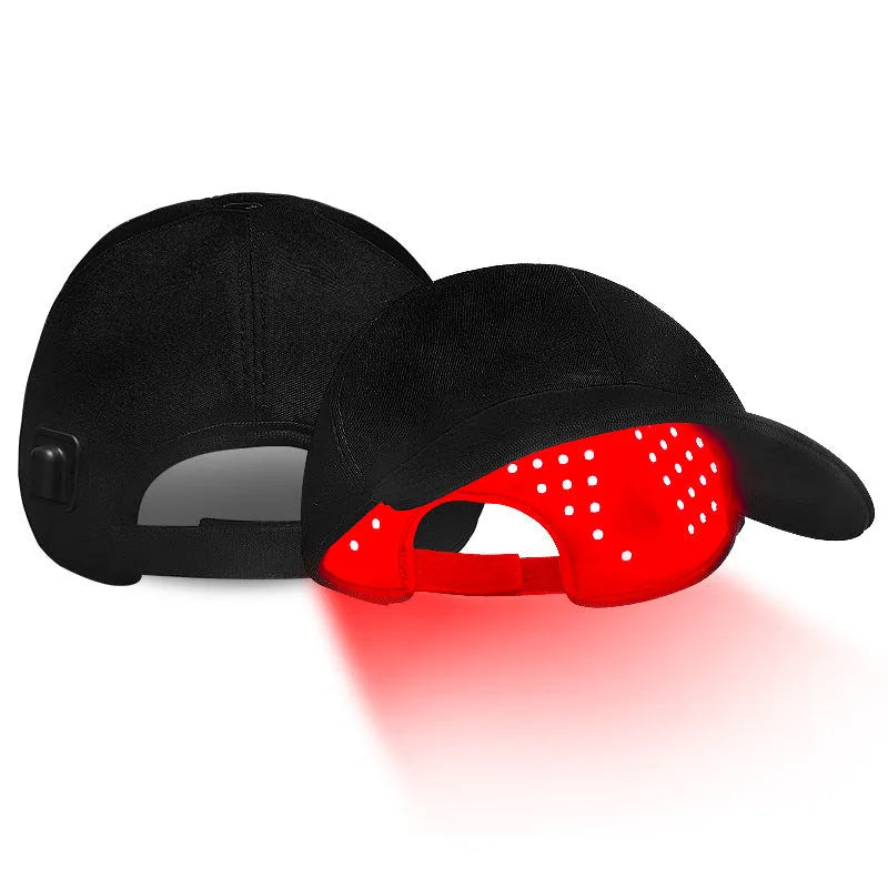 Black infrared peaked hair growth cap with LED lights and controller