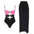 Women's solid colour one-piece swimsuit with gold button and separate matching skirt.