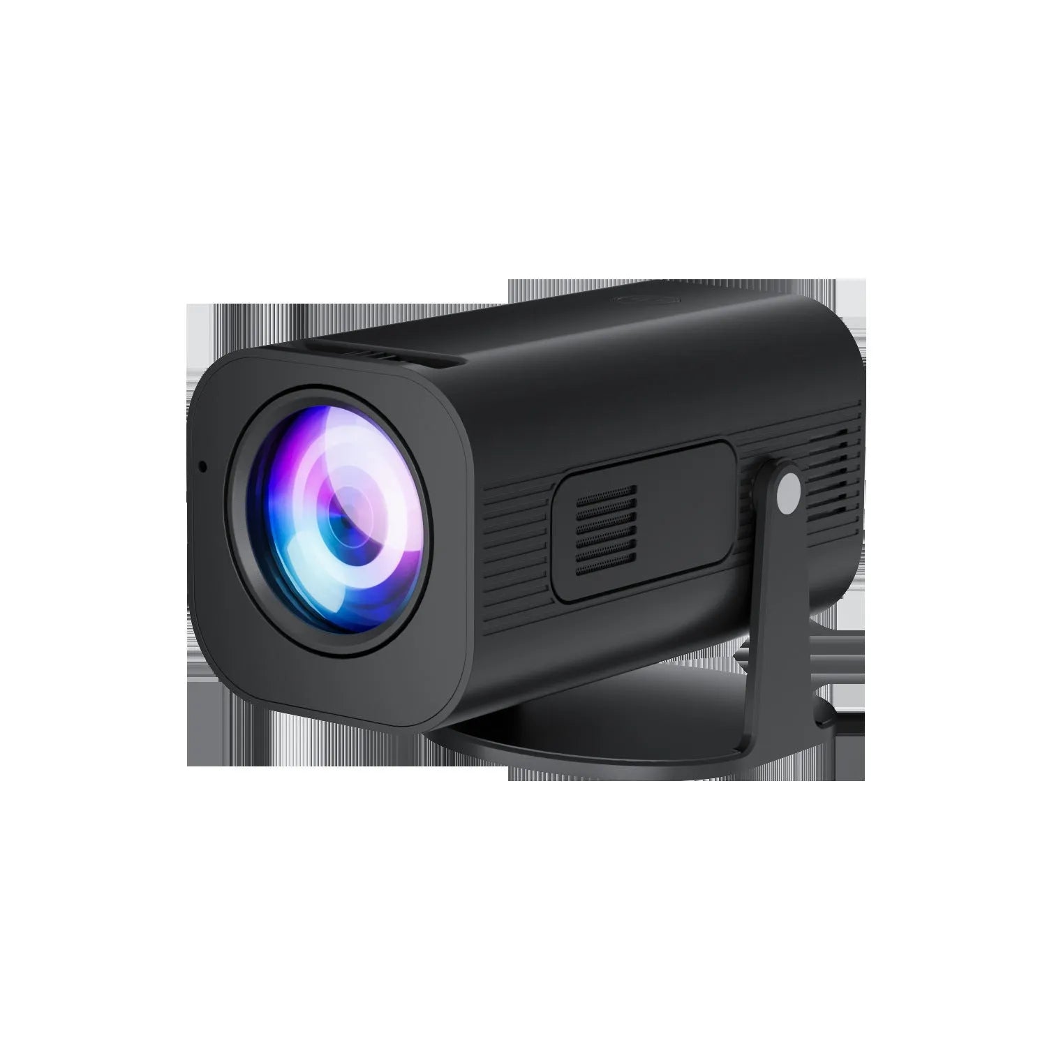 Black P330 portable mini projector with remote control on a table, for mobile phone streaming.