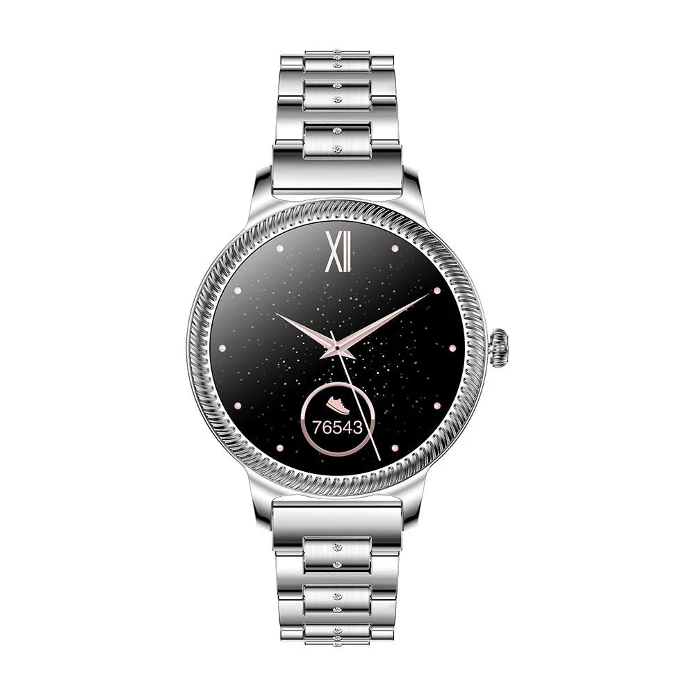 AK38 ladies smartwatch with stainless steel wristband showing 1.09-inch colour display