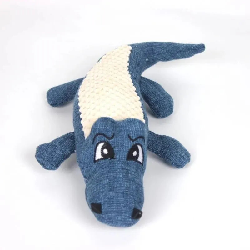Blue, green and red squeaky plush chew toy for cats and dogs to bite and shake.