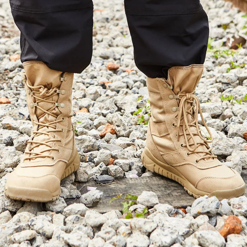 Summer Yulong tactical desert boots in black and sand for hiking and climbing
