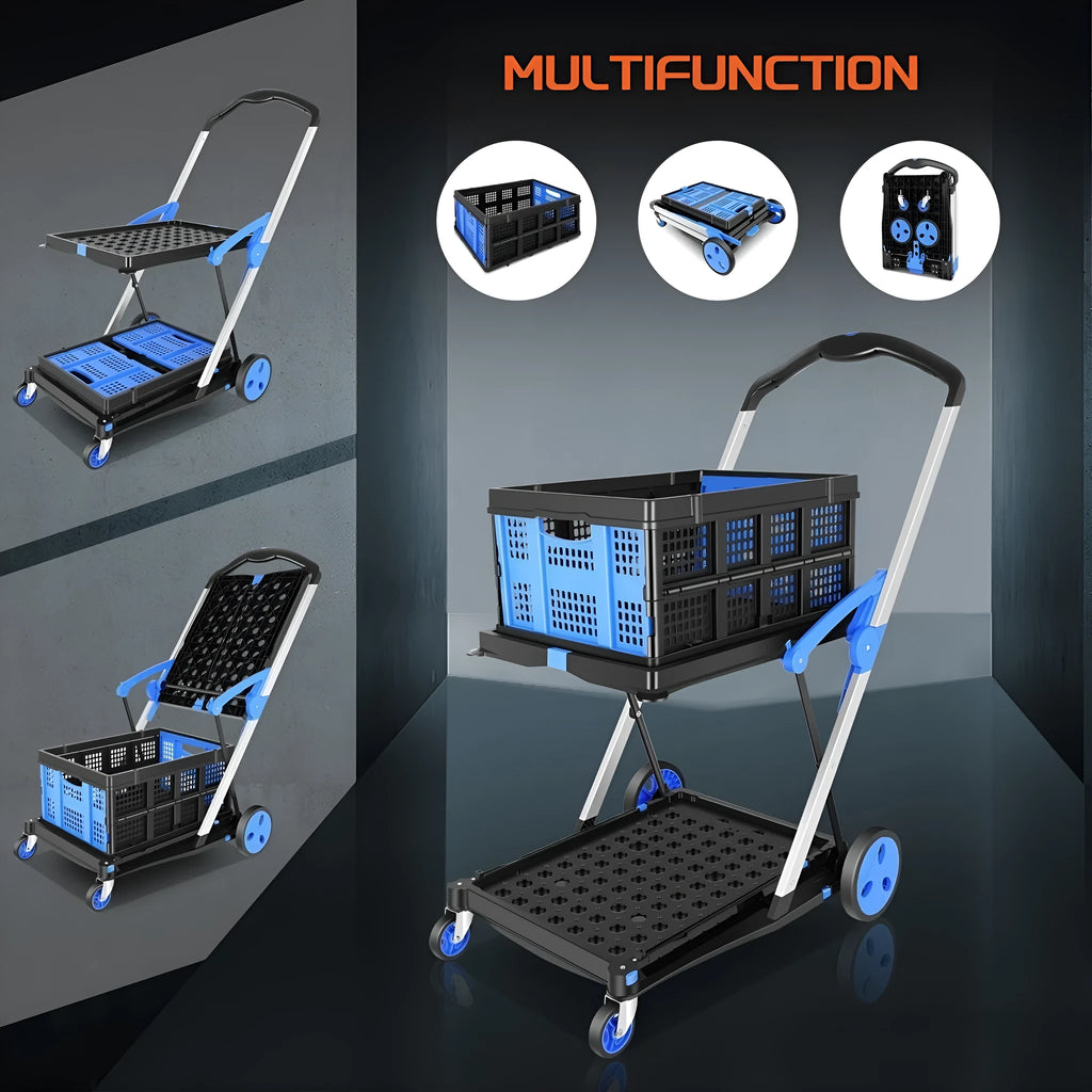 Foldable blue shopping trolley with two fabric basket compartments on a plastic frame.