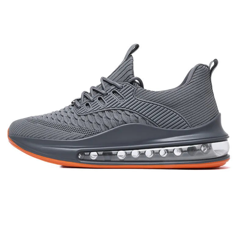 Men's low-top black mesh running shoes with lace-up front and rubber sole.