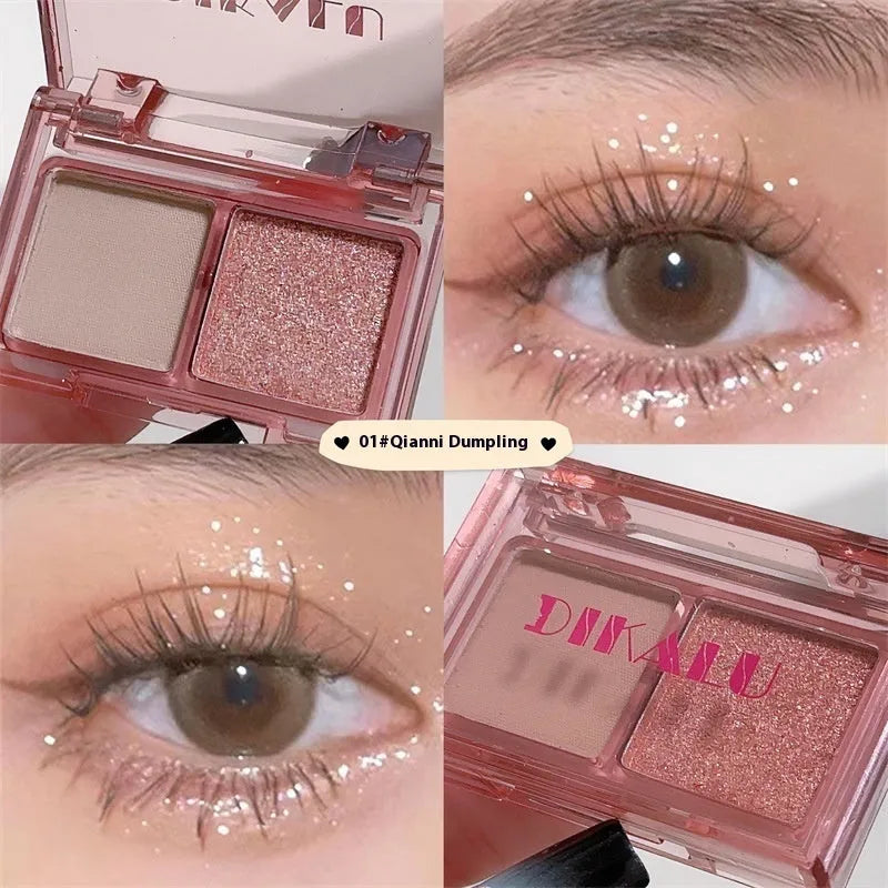 Cool two-tone eyeshadow palette open showing pink and black matte and shimmer shades for punk makeup.