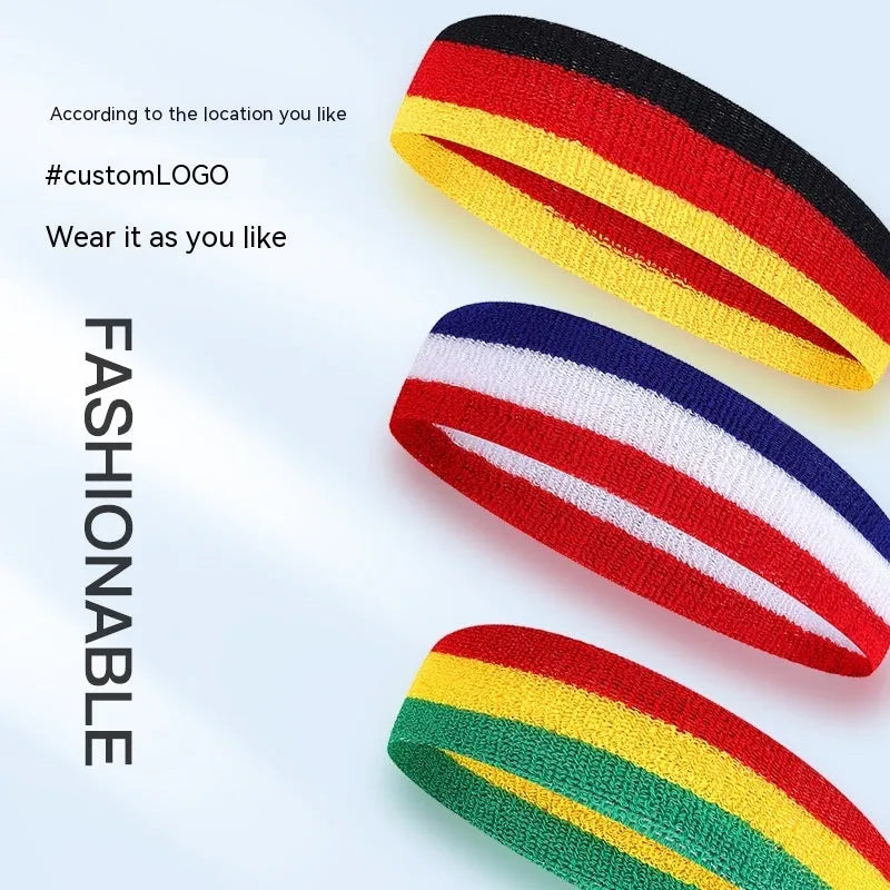 Multi-colour striped sports headband for adults shown in a 5.5 by 20 cm size.
