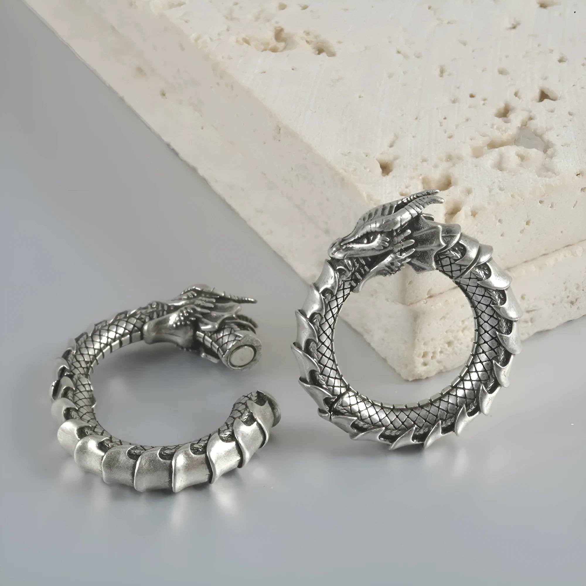 Pair of dragon motif alloy earrings with geometric hollow out design in antique silver colour