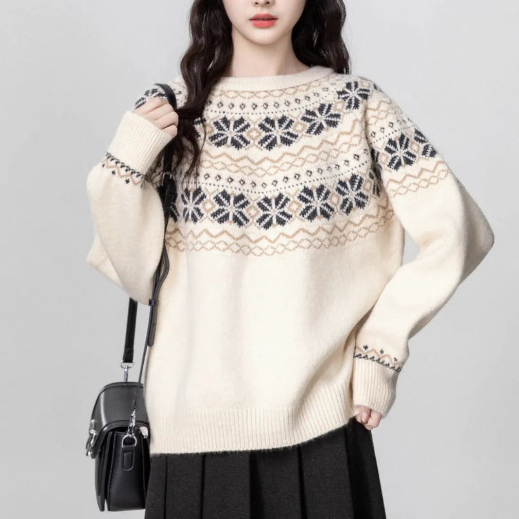Women's milky white fair isle pullover sweater with geometric pattern, loose fit, and crew neck.