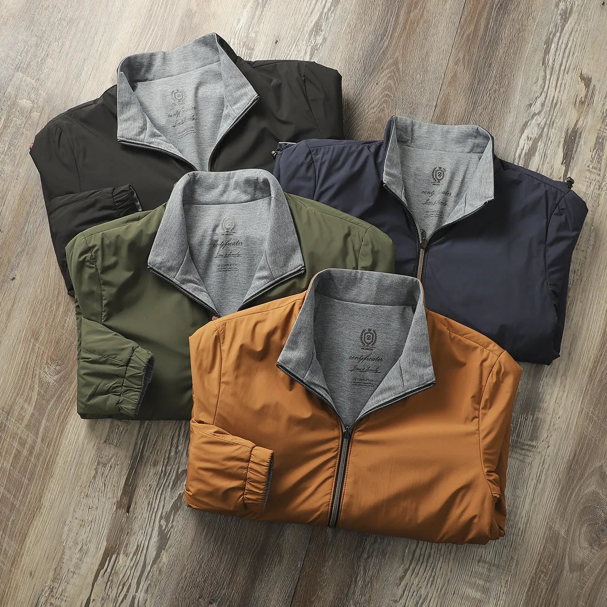 Men's stand collar casual jacket in polyester blend fabric with cotton lining