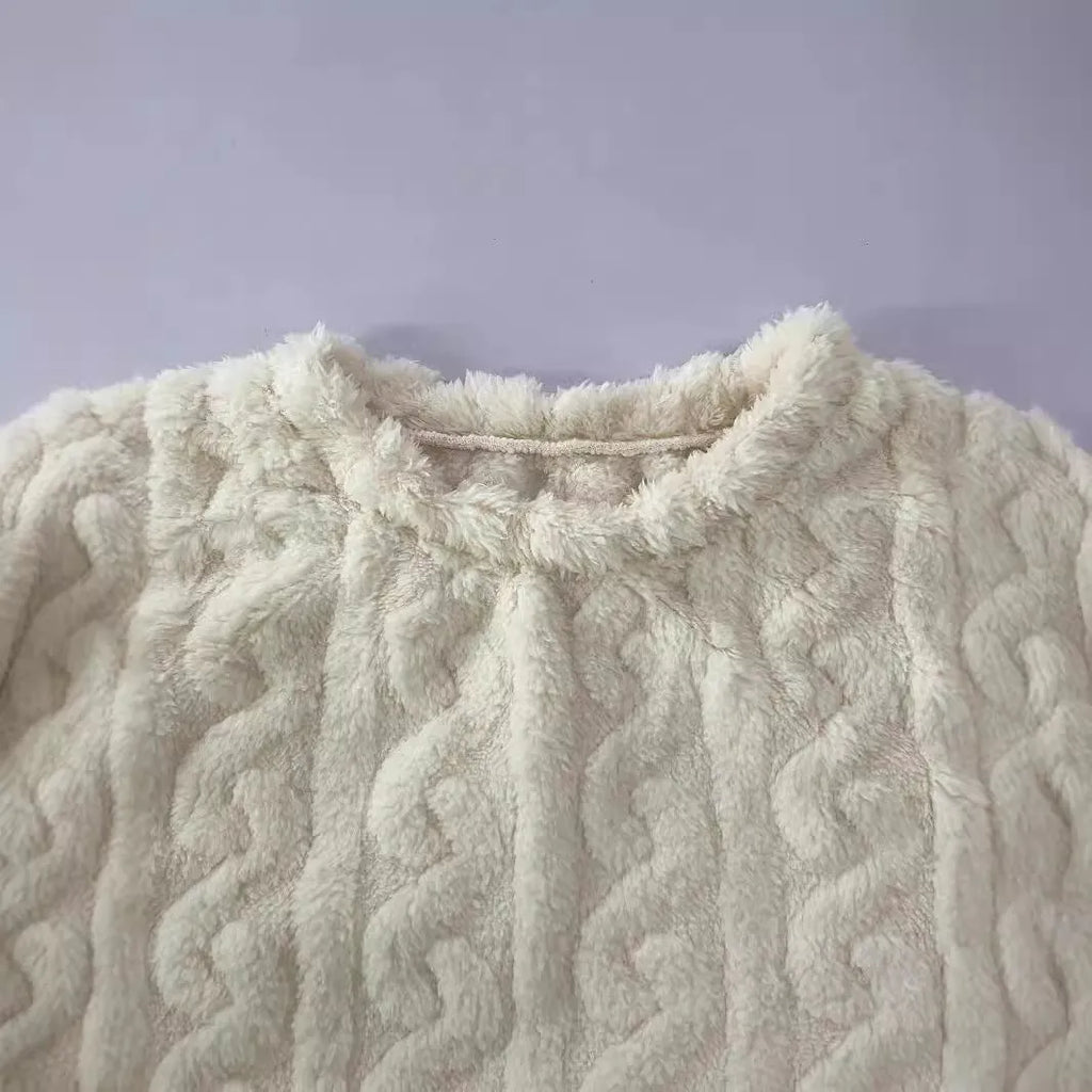 Women's creamy white polyester two-piece set with crew neck top and matching trousers in Japanese Korean casual style