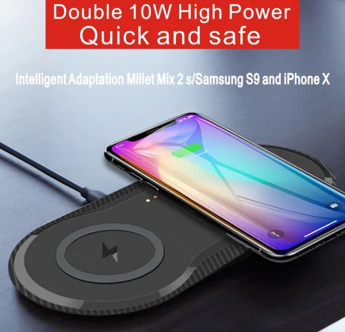 Black and white dual wireless charger charging two phones simultaneously with type-C cable