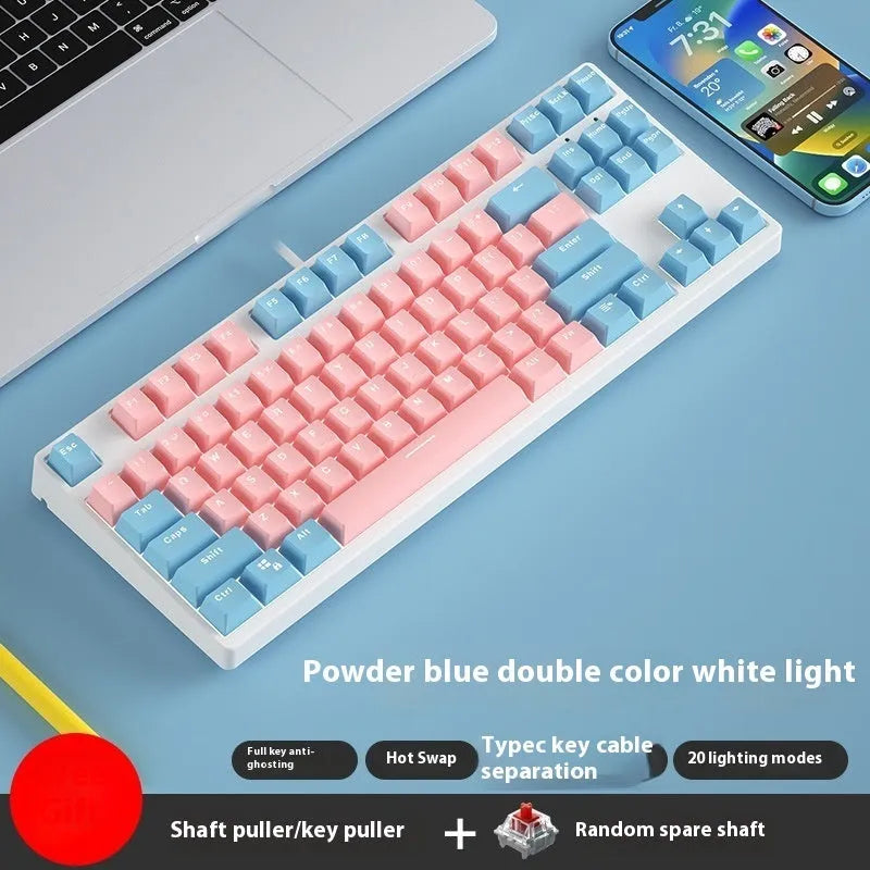 87-key wired mechanical keyboard with hot-swappable sockets showing colour options and included accessories
