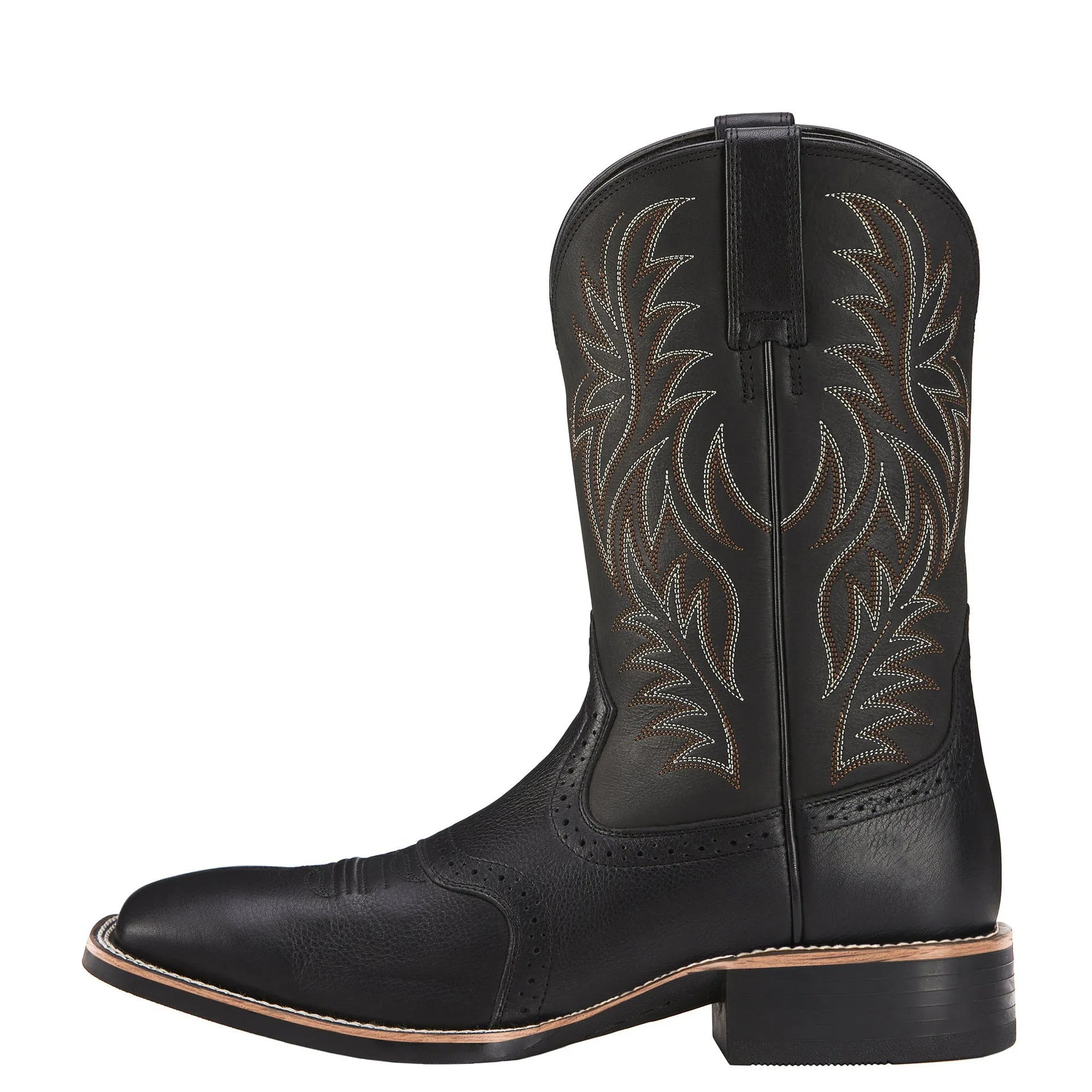 Men's black Western cowboy boots with high embroidery vintage pattern, square toe wide head design, and high cylinder construction