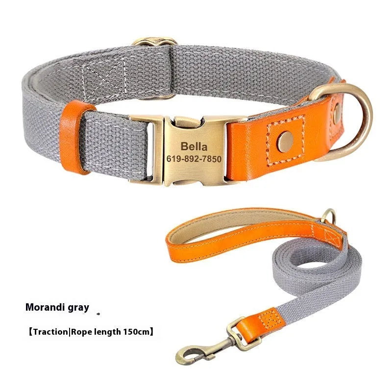 Small dog mohair neck collar and matching traction rope in one of six available colours with lettering detail