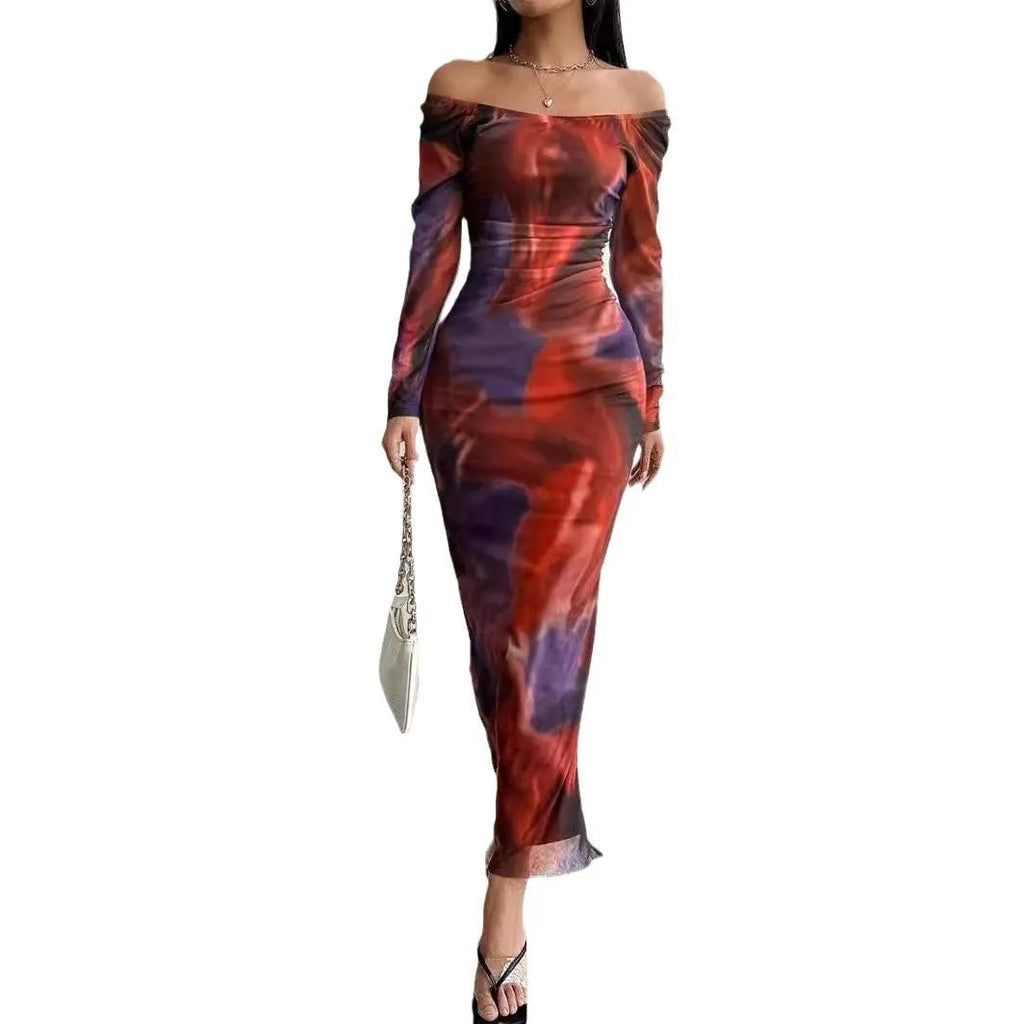 Women's printed pleated fishtail dress with square collar in gradient colour