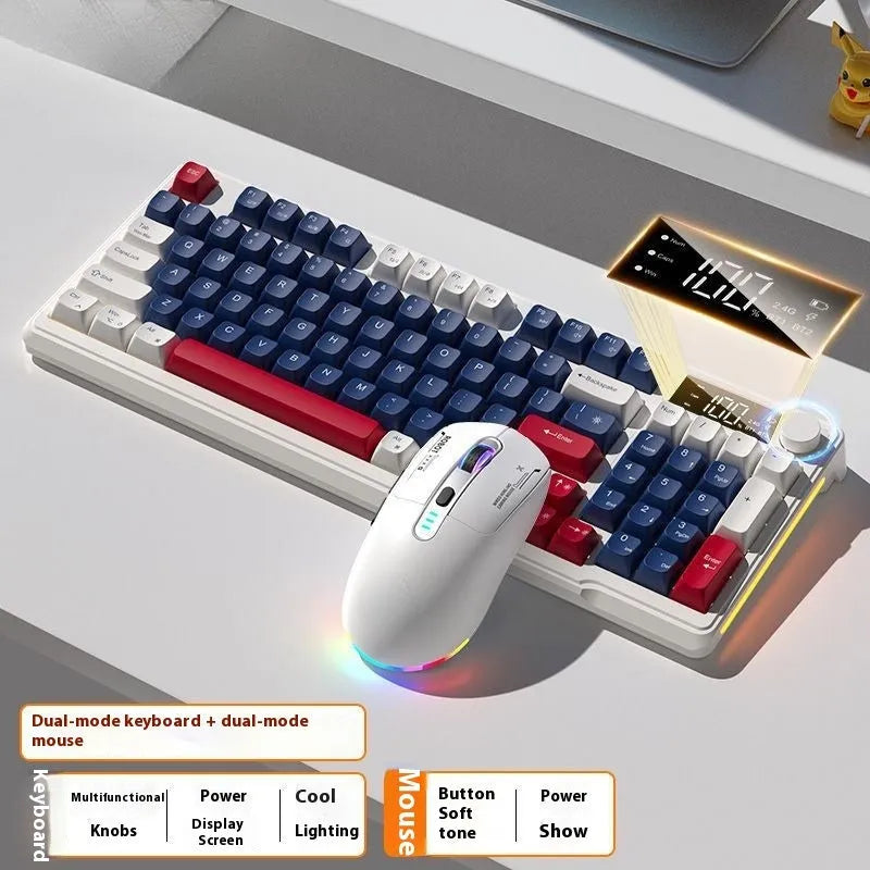 Blue and white wireless mechanical keyboard and mouse set on a desk, showing Type-C cable.