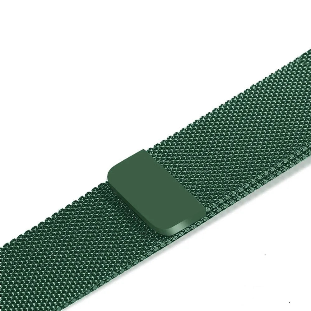Stainless steel watch replacement strap in silver on a grey background showing adjustable links and buckle.