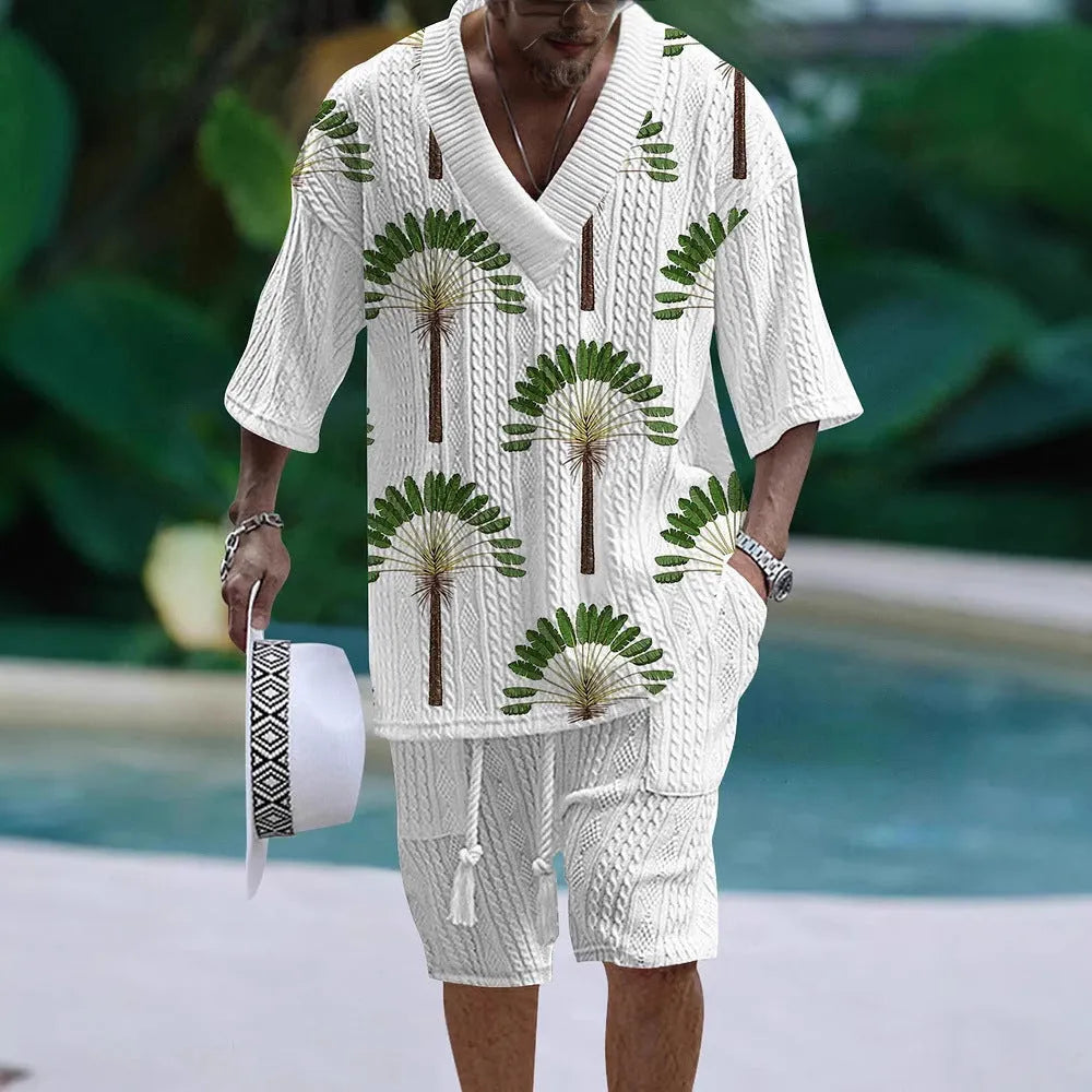Men's loose casual short sleeve top and shorts suit separates set in polyester fabric