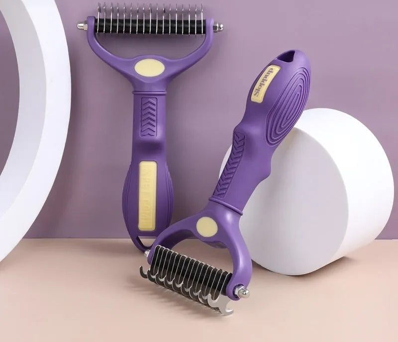 Purple double-sided plastic dog comb for removing knots and tangles from matted fur.