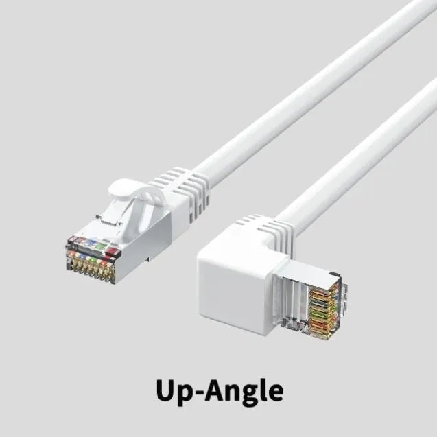 Cat6 Ethernet cable with right-angle RJ45 connector in multiple colour options including black, white, and red